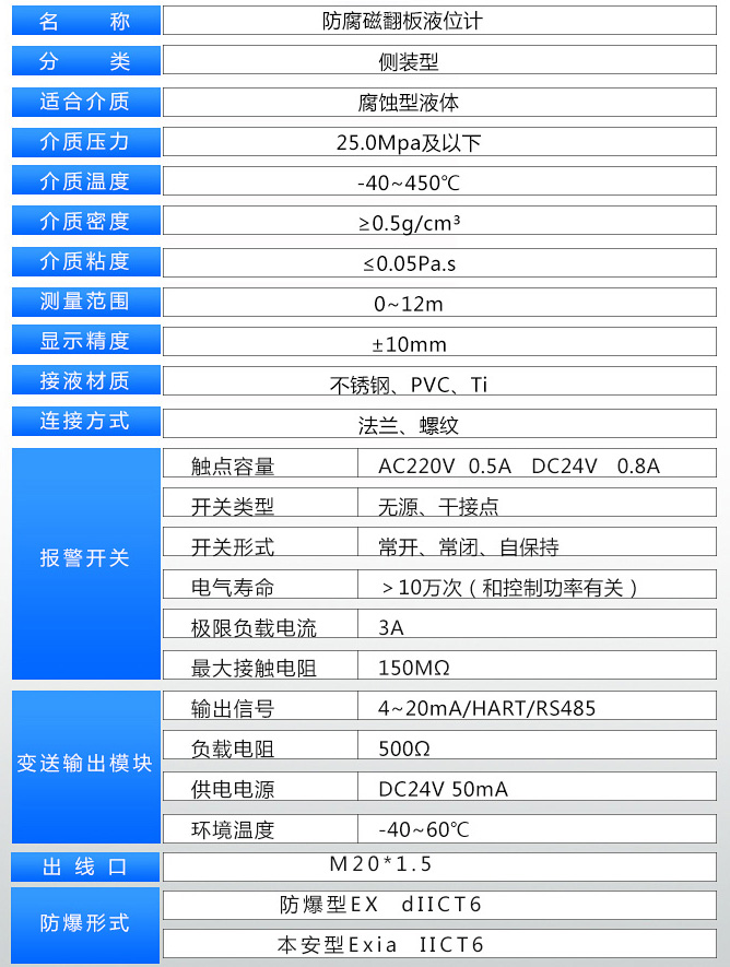 防爆磁翻柱液位計(jì)技術(shù)參數(shù)對(duì)照表